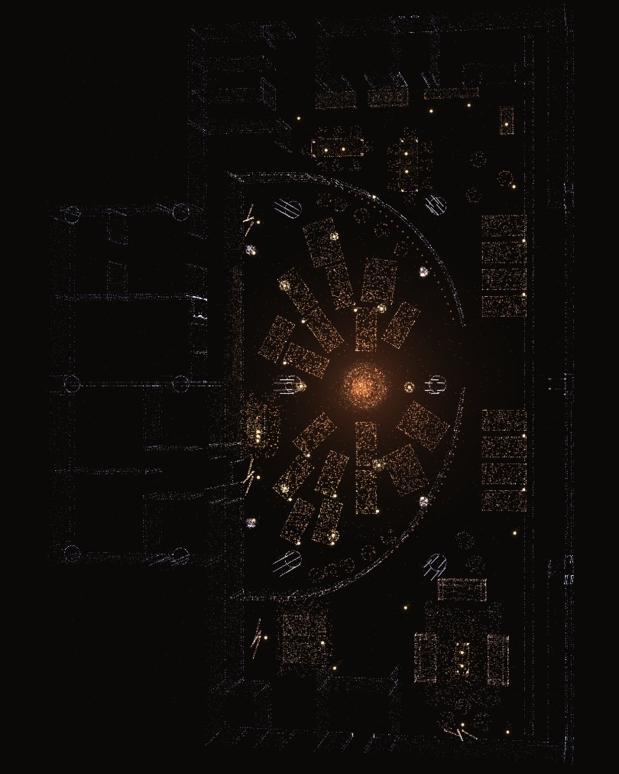 The ODDspace Gallery from above, in points of light: the nest in the middle, beds round it in a ring, the tea house, the landing and the rooms at the back.